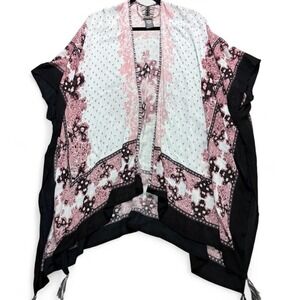 Vince Camuto pink, white and black floral kimono rauana cardigan with tassel